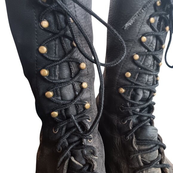 Vintage Women's Boots 9M Rancher Cowgirl Packer Lug Lace-Up Western Gold Caps - Picture 9 of 11